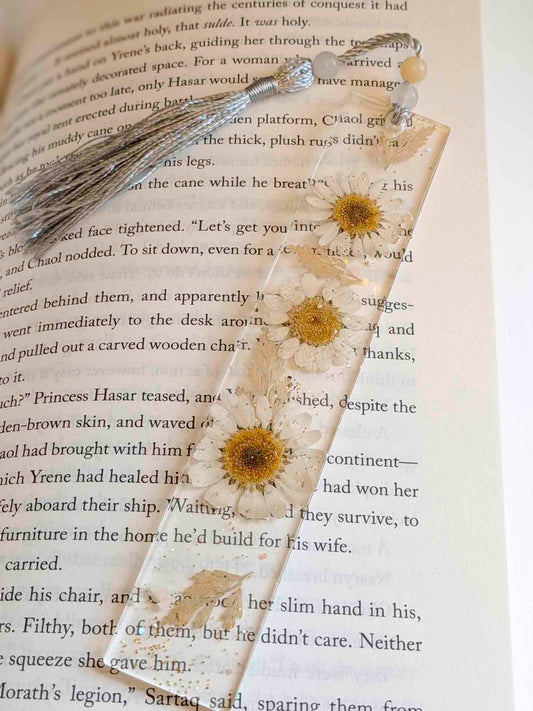 Silvery Blue Botanical Bookmark with Quartz & Yellow Jade