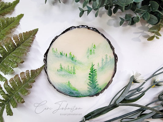 Misty Valley of Trees Wood Slice Painting