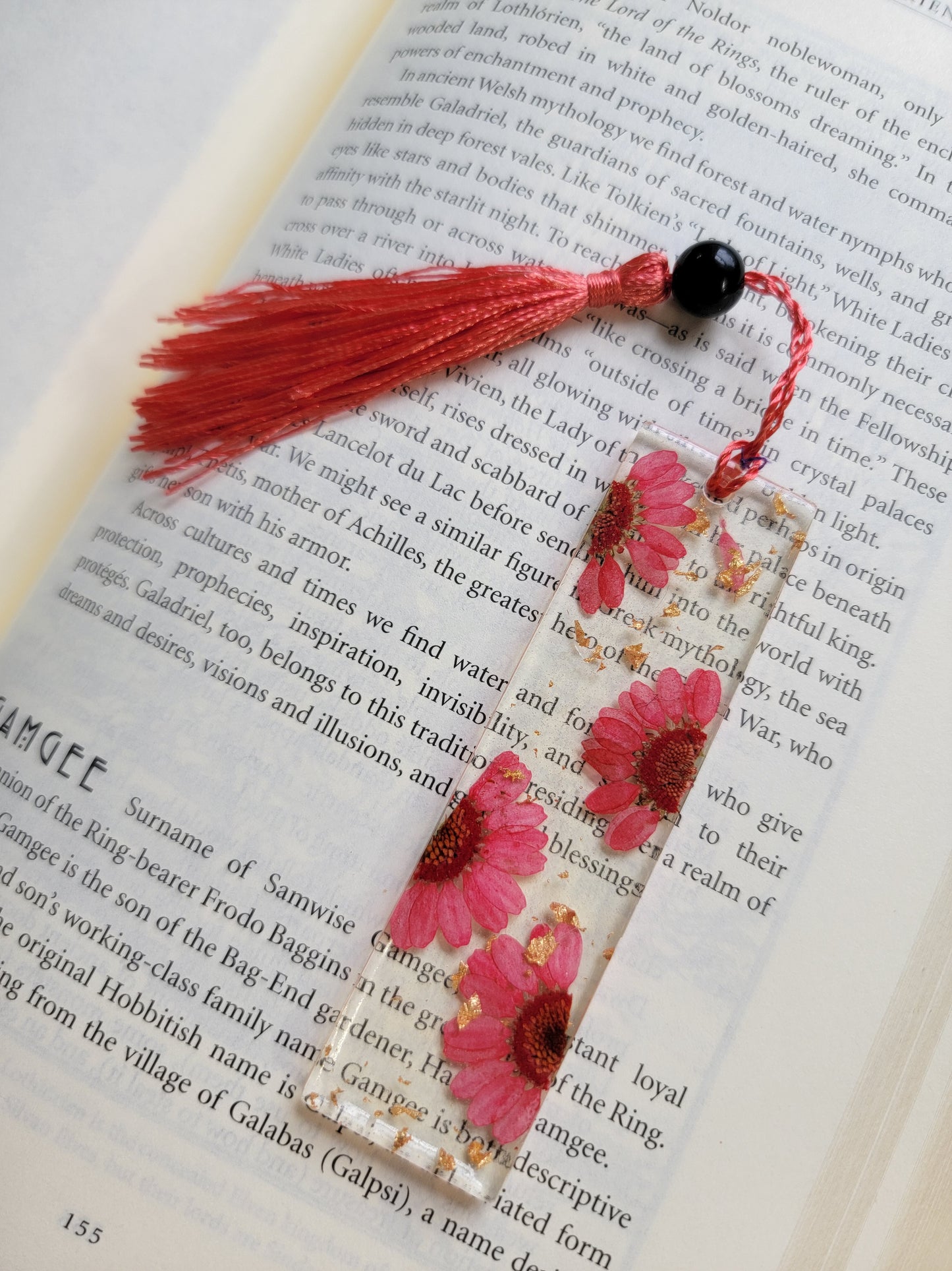 Red Floral Bookmark with Black Obsidian