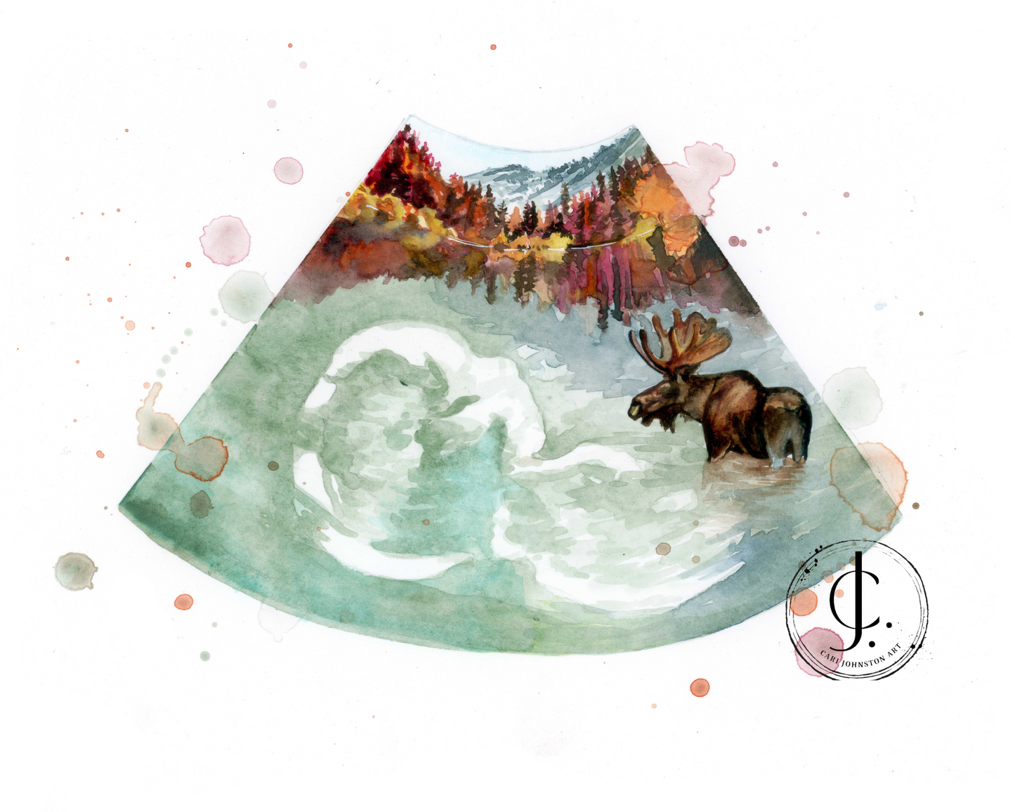 Hand-painted custom scenic ultrasound watercolour painting
Custom Canadian moose art
Personalized sonogram painting with landscape background
Custom pregnancy ultrasound art watercolour
Memorial sonogram painting hand-painted